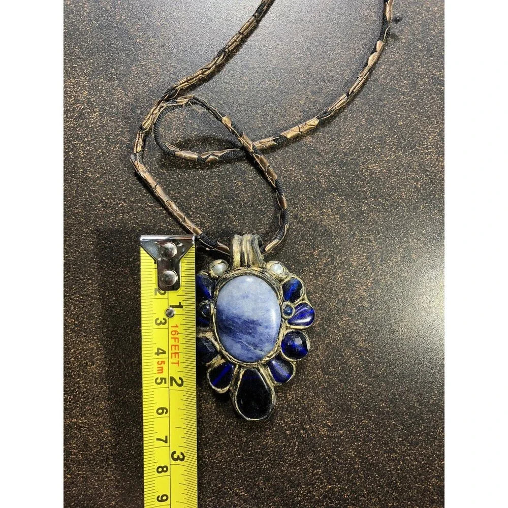 NECKLACE Sodalite And Lapis Lazuli Flower Pendant Handmade/Signed By Artisan - Picture 9 of 14